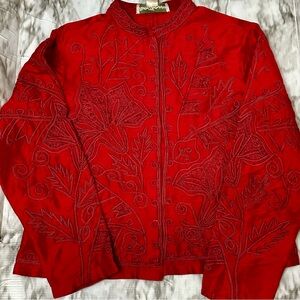 Norm Thompson Scarlet Red Embroidered Lace Floral Beaded Button Jacket Holiday